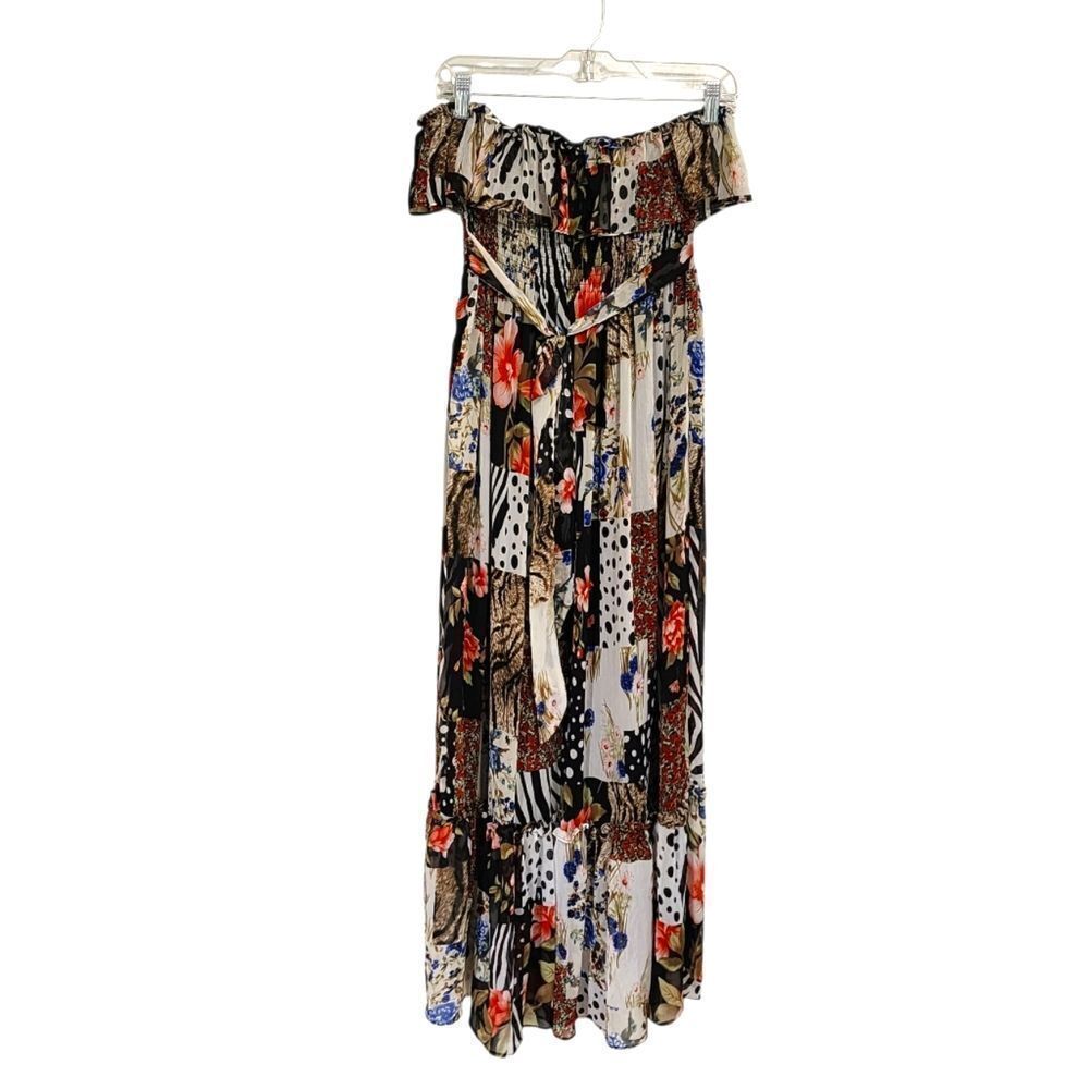Red Carpet Midi Dress L Patchwork Strapless Ruffled Sheer Floral Animal Print